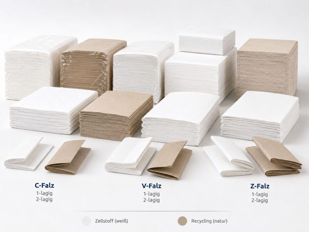 Sortiment verschiedener Falthandtücher Produktpalette