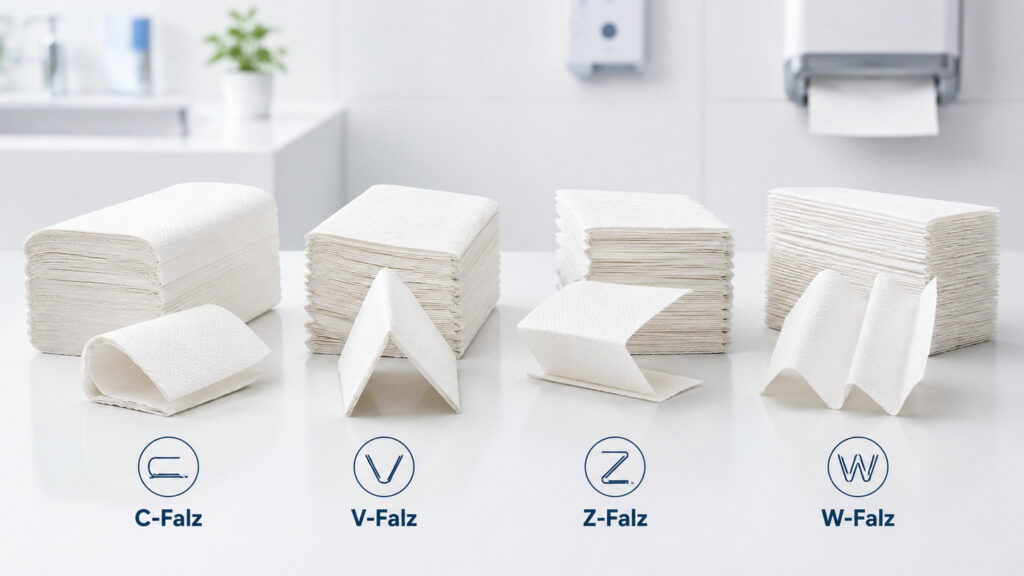 Verschiedene Falzarten von Papierhandtüchern nebeneinander