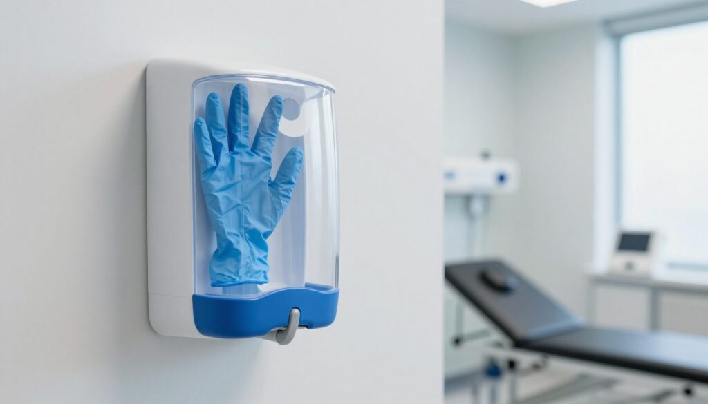 Medizinische Nitrilhandschuhe in Arztpraxis-Umgebung