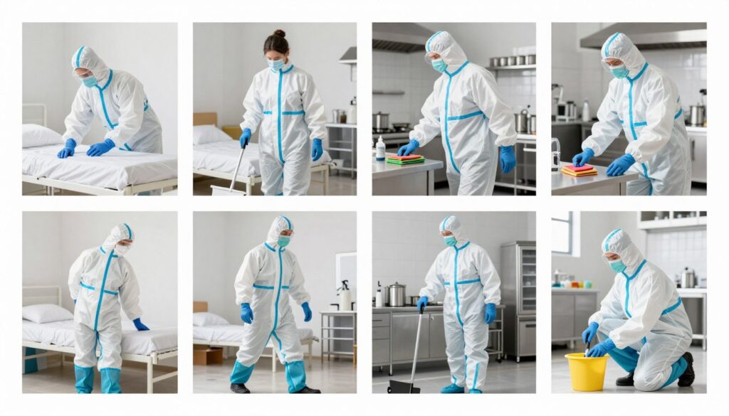 Mitarbeiter in verschiedenen Arbeitshaltungen mit passender Schutzkleidung