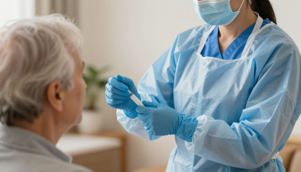 Pflegekraft mit Nitrilhandschuhen und Schutzbekleidung