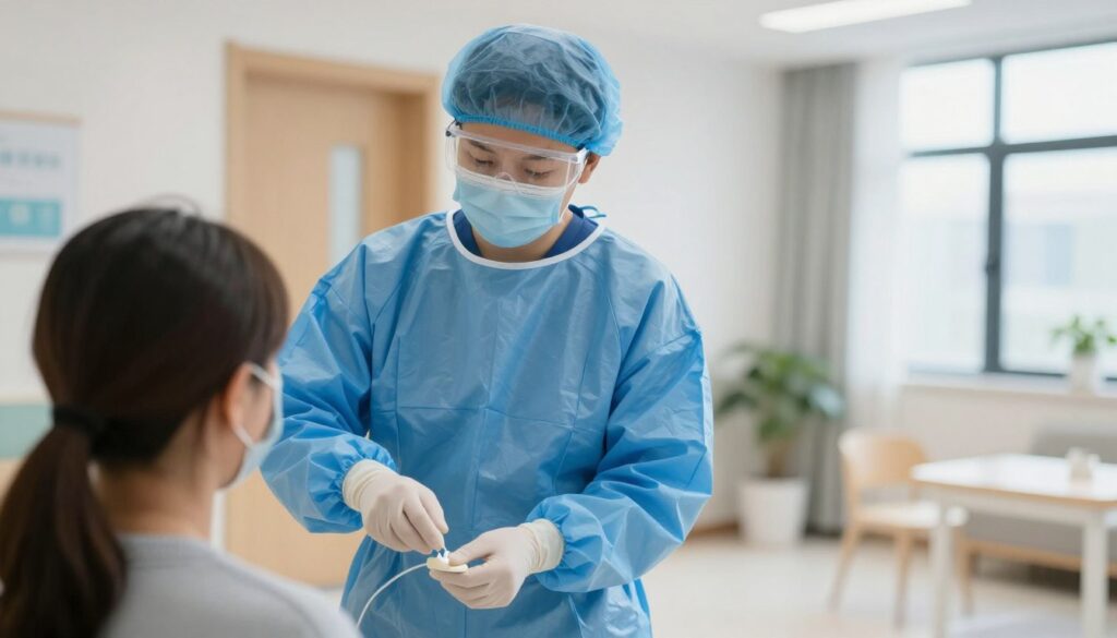 Pflegekraft trägt Einwegschürze während der Patientenversorgung in einem modernen Pflegeheim