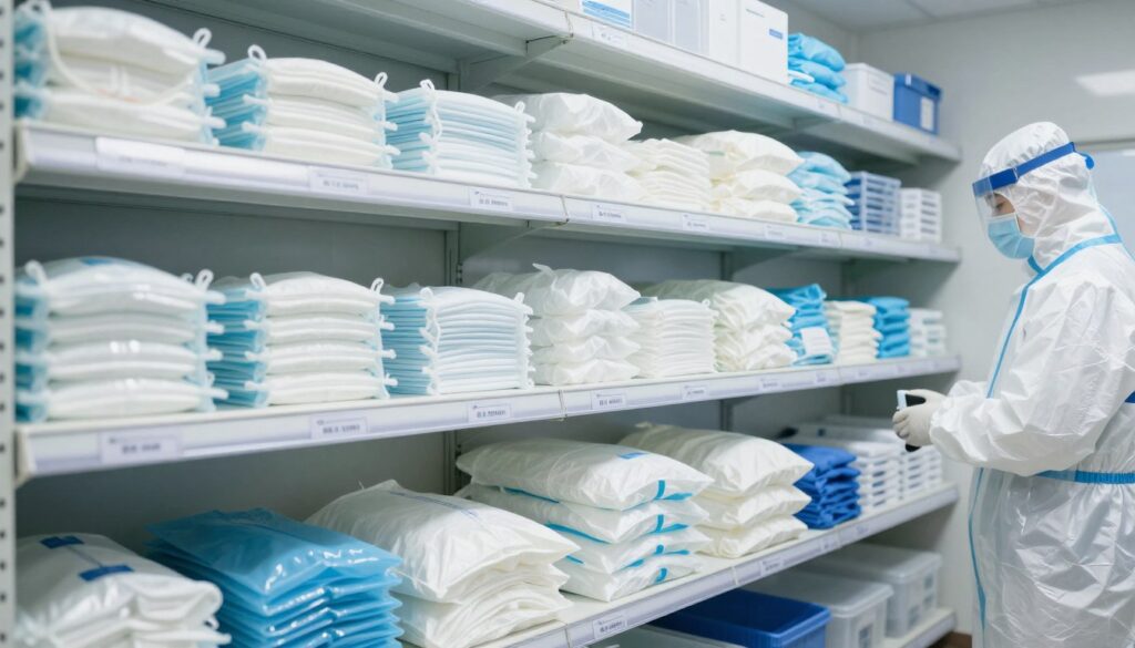 Professionell organisiertes Lager für Hygieneartikel und Einwegschürzen