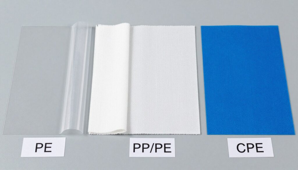Verschiedene Materialproben von PE, PP-Vlies und CPE zum Vergleich