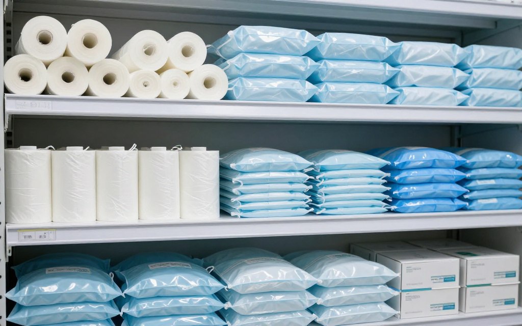 Verschiedene Verpackungseinheiten von Einwegschürzen im Lager