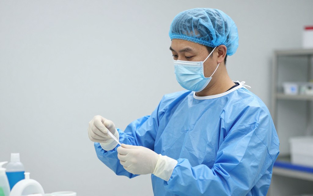 Vollständige Schutzausrüstung mit Schürze, Handschuhen, Maske und Haube