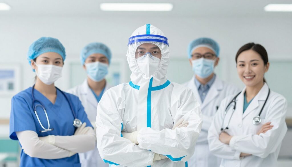 Zufriedenes Pflegeteam mit optimaler Schutzausrüstung