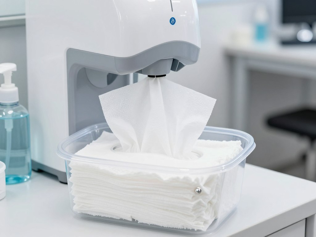 Hygiene-Spendereimer mit vorgetränkten Vliesstüchern in professioneller Reinigungsumgebung
