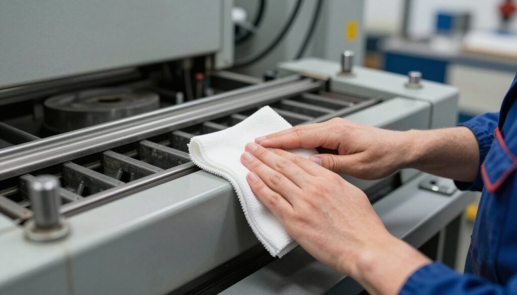 Industriearbeiter reinigt Maschinen mit robustem Vliesstoff-Putztuch in Werkstatt-Umgebung