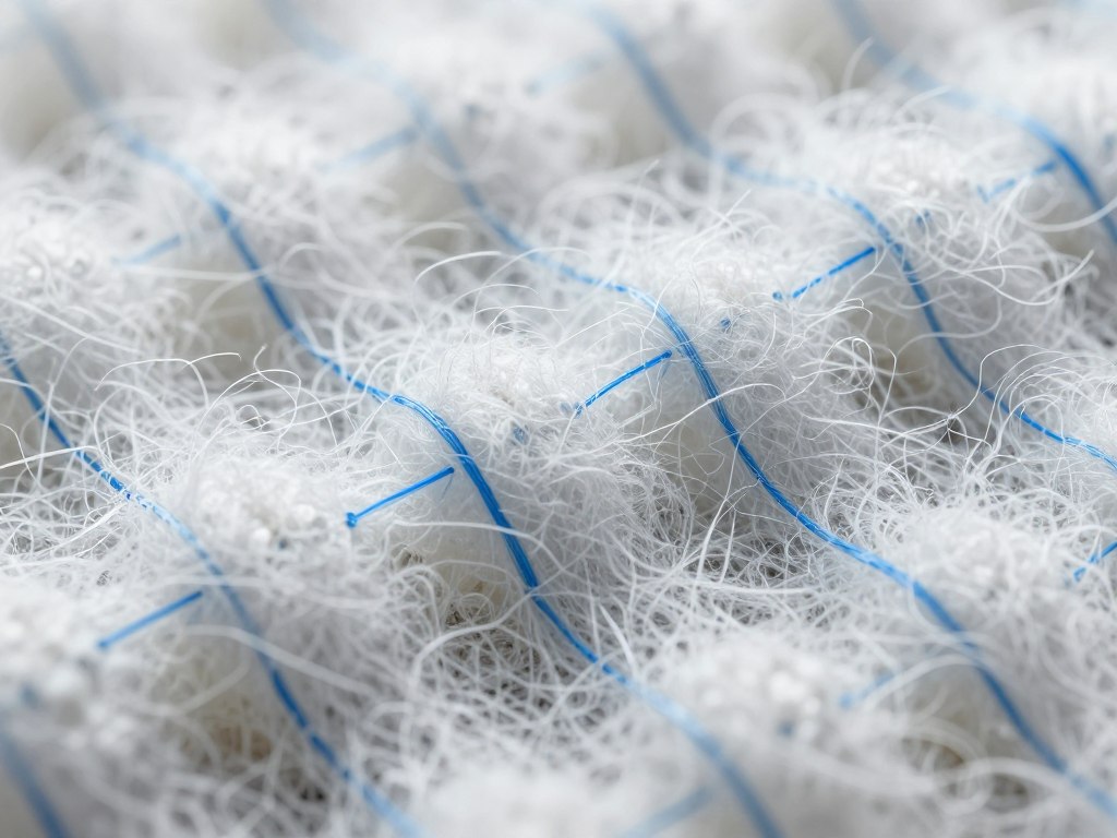 Mikroskopische Nahaufnahme der Faserstruktur von Vliesstoff zeigt vernetzte Fasern