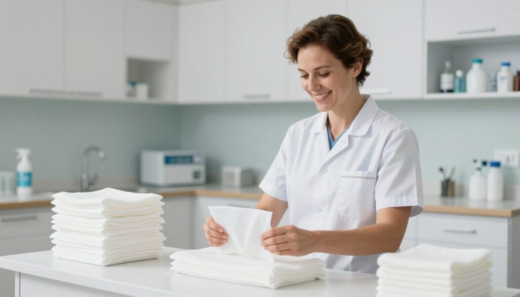 Zufriedene Pflegekraft arbeitet effizient mit hochwertigen HTP-med Vliesstoff-Produkten