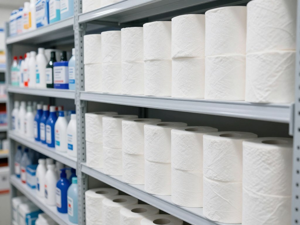 Toilettenpapier und Hygieneprodukte im Betriebslager